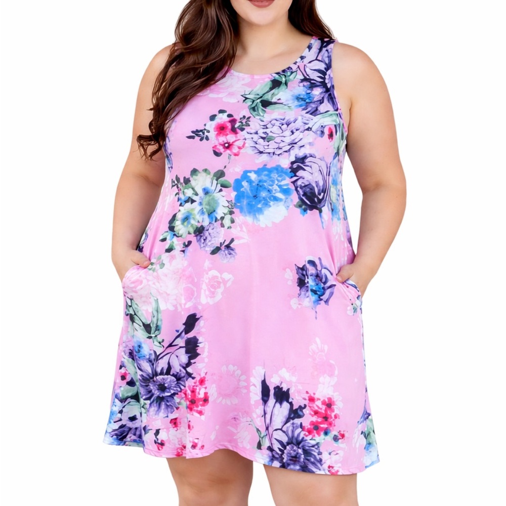 Plus size pink floral print sleeveless stretch shift style pocket dress 3XL